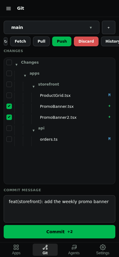 Mobile Git tab showing ProductGrid.tsx
